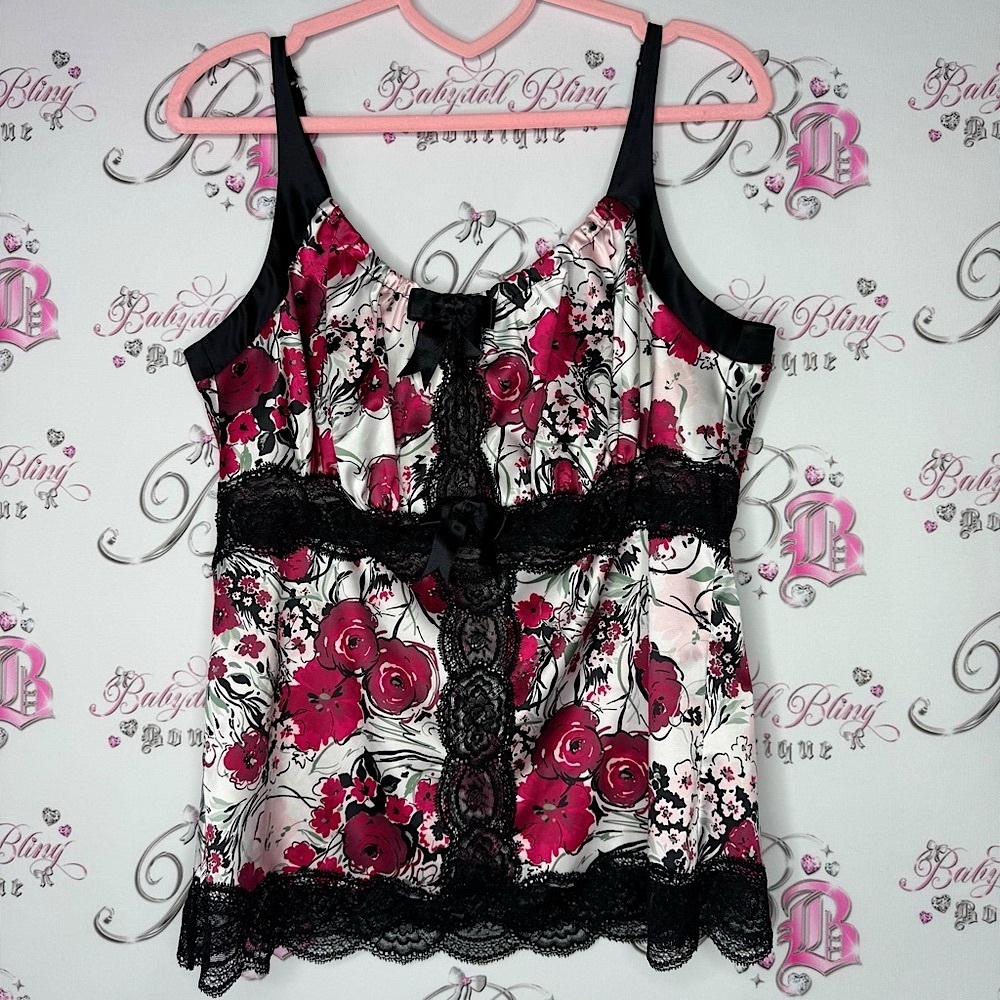 Pleasure state vip tank top shiny silky lace ribbons Floral Lace Trim Cami Top